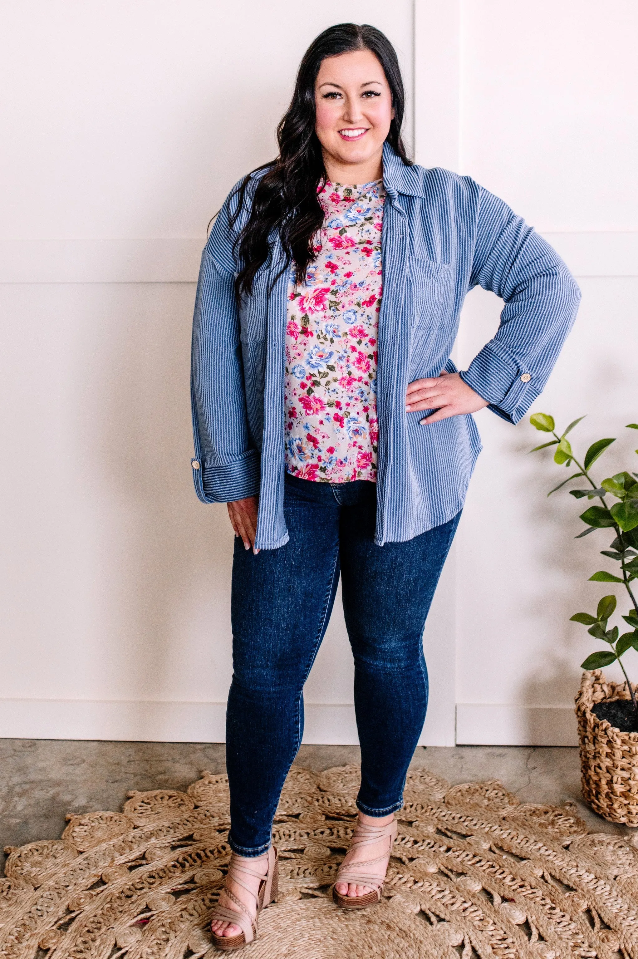 1.19 Ruffle Detail Shoulder Blouse In Pink & Blue Florals