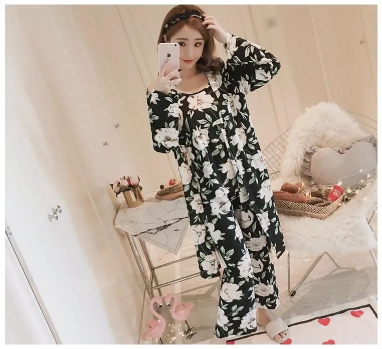 3 Piece Pajama Set Women Floral Printed Sleepwear Autumn Women's Clothing Sling Top Pants Long Robe Pajamas Sets Nightwear Suit X3178637