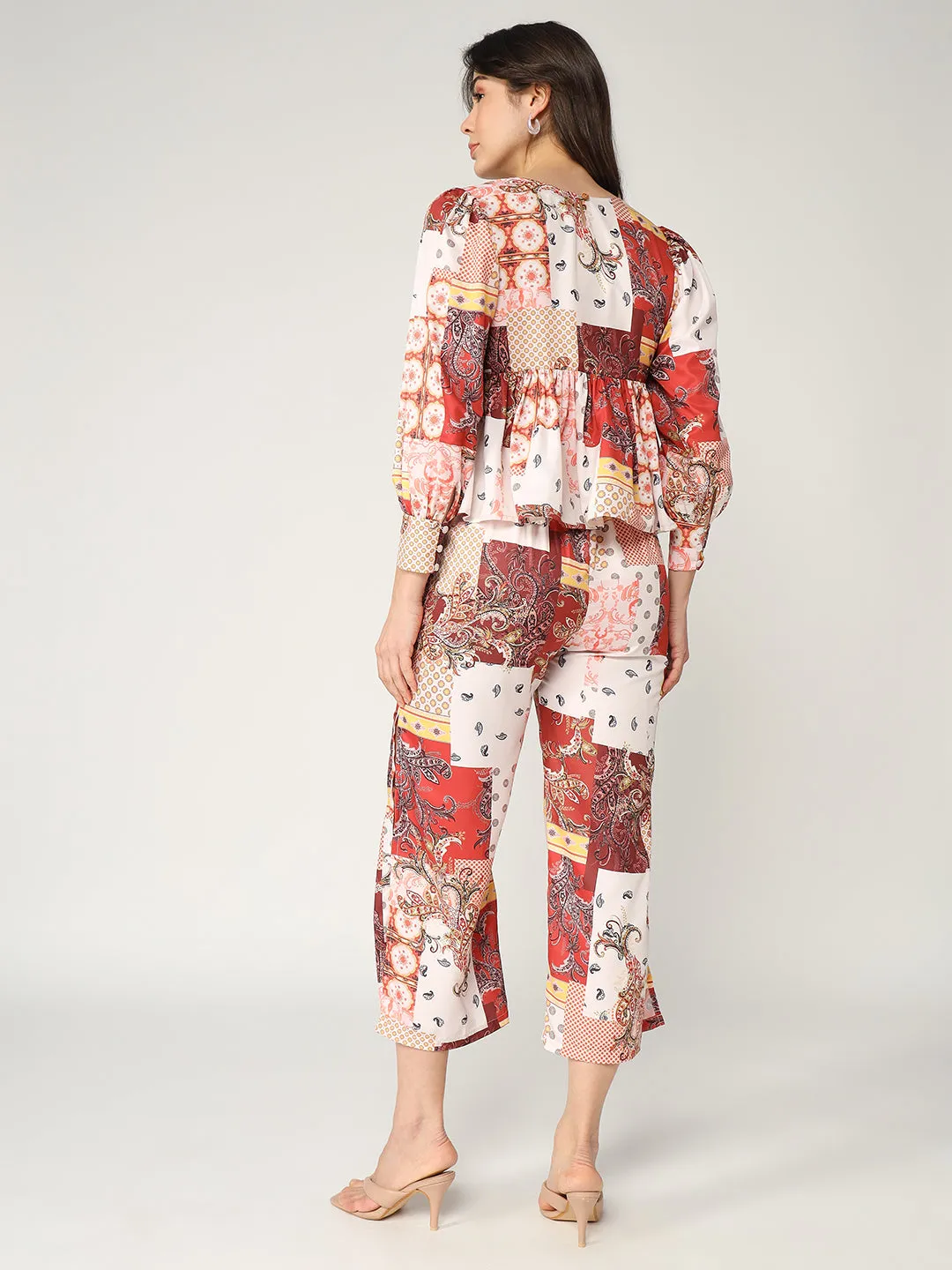 Abstract Printed Peplum Top With Matching Pant Set