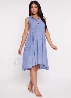 Acid Wash Snap Button Tiered Midi Dress