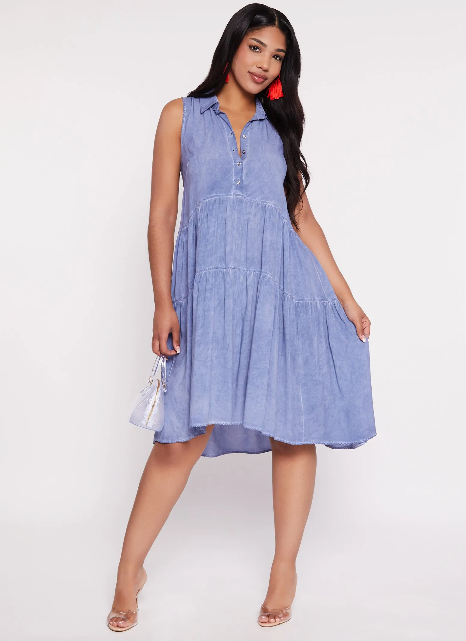 Acid Wash Snap Button Tiered Midi Dress