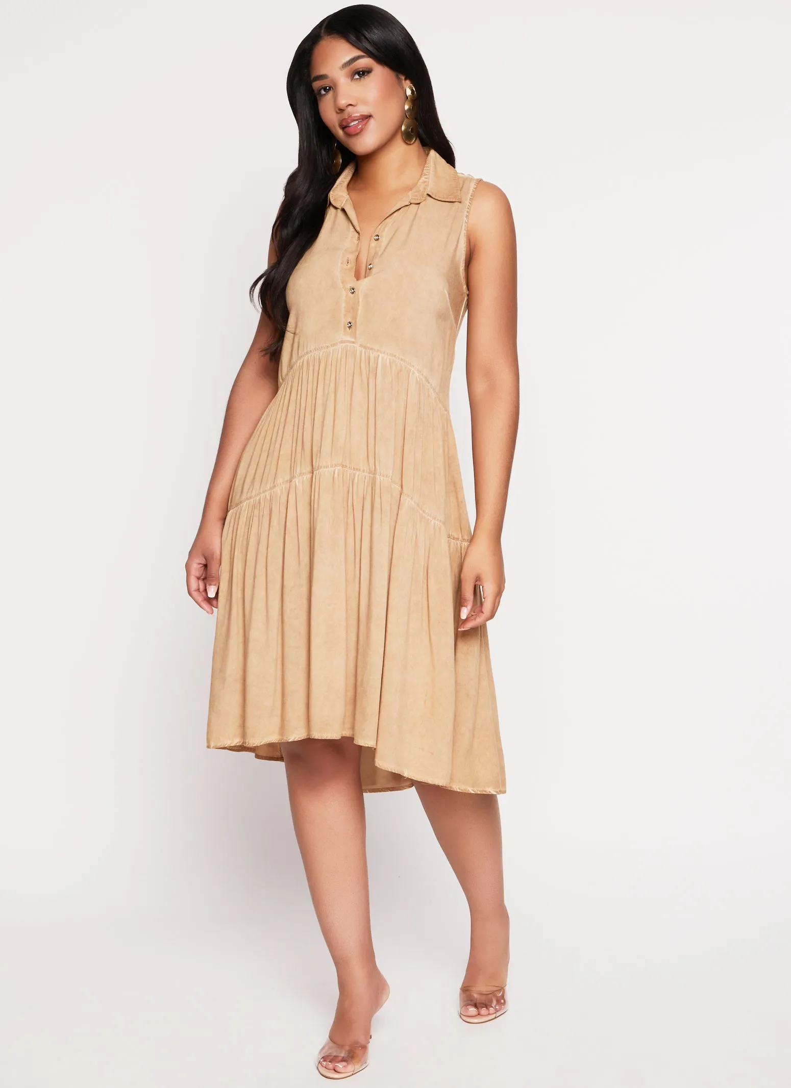 Acid Wash Snap Button Tiered Midi Dress