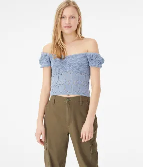 Aeropostale Womens' Crocheted Off-The-Shoulder Crop Top - Light Blue - Size XXL - Cotton - Teen Fashion & Clothing Silver Lake Blue