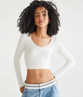 Aeropostale Womens' Long Sleeve Seamless Wear 3 Ways Crop Top - White - Size M - Nylon - Teen Fashion & Clothing Cream