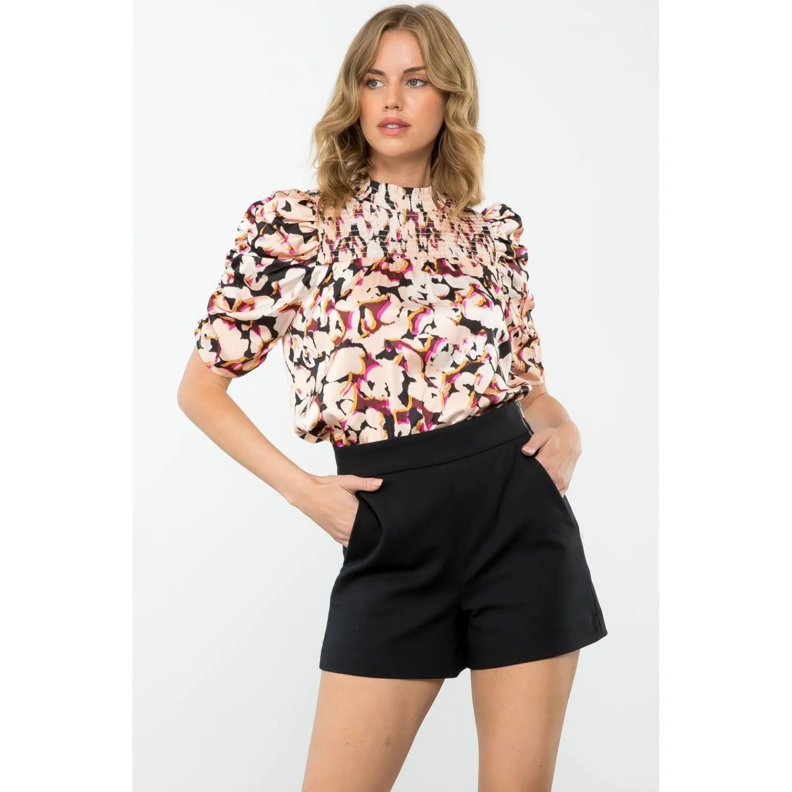 Alison Ruched Sleeve Printed THML Top-SALE