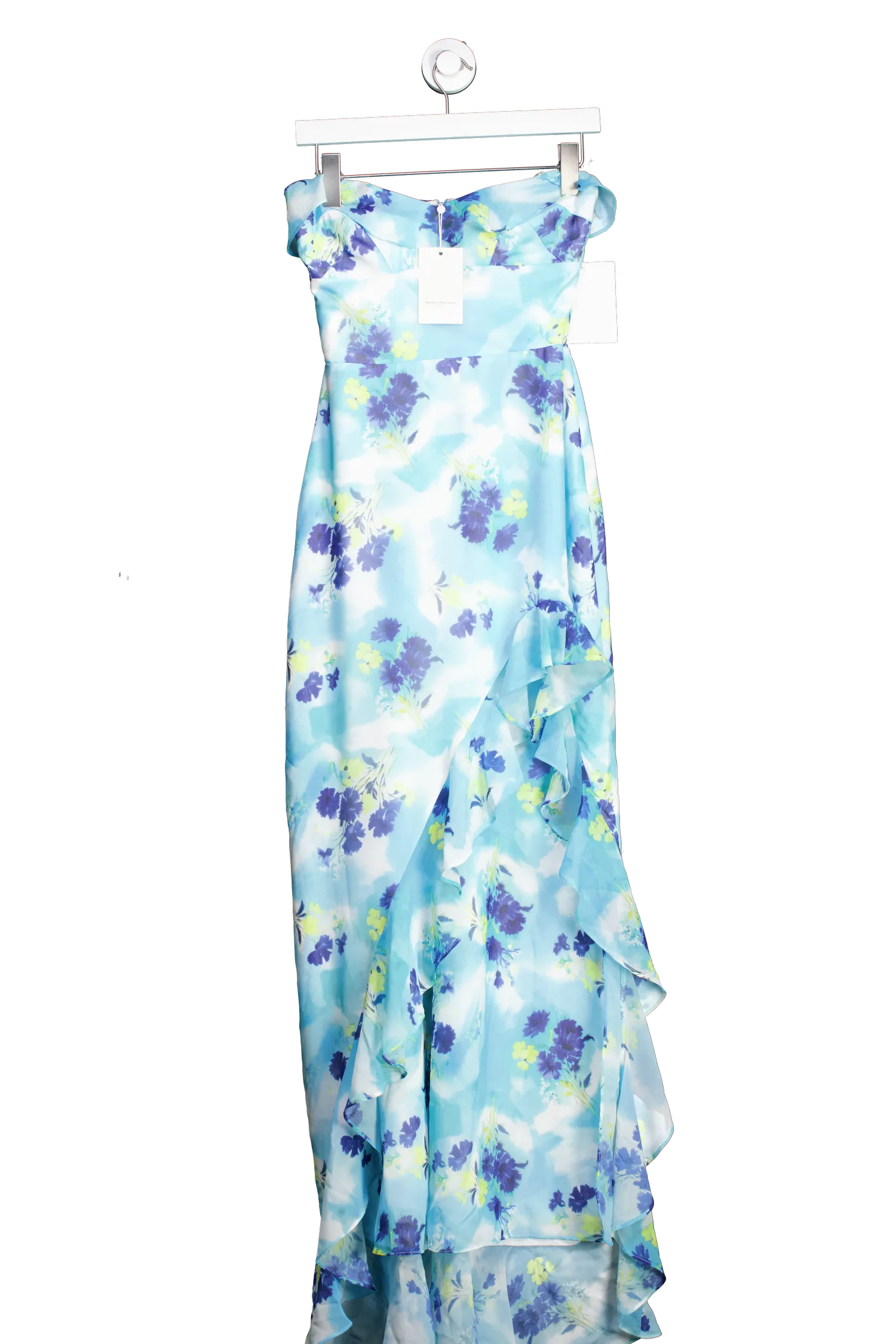 Amanda Uprichard Blue Asymmetric Ruffle Floral Midaxi Dress UK XS