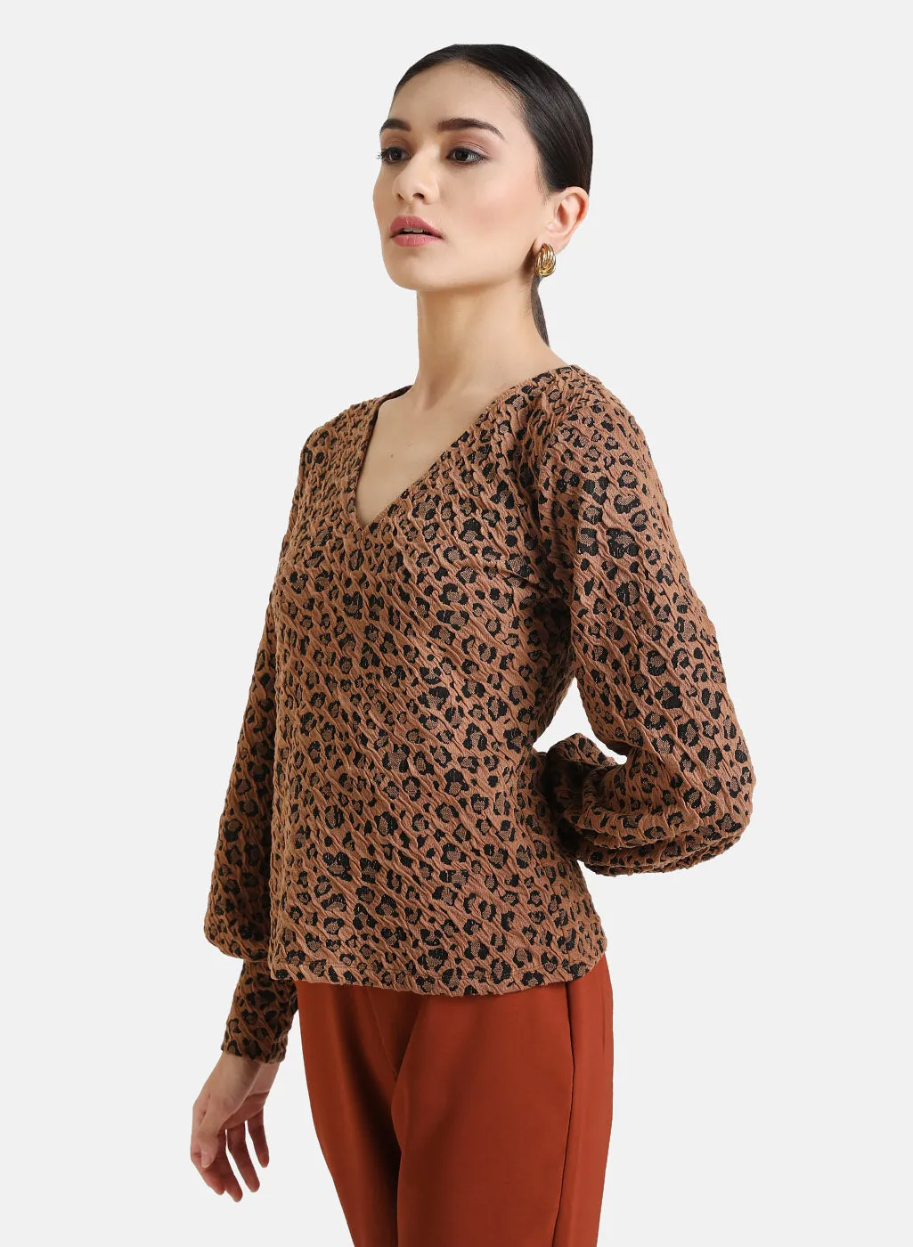 Animal Jacquard Knit Puff Sleeves Top