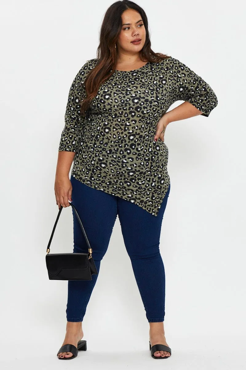 Animal Print Asymmetric Top Crew Neck