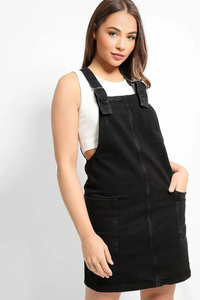 Ash Black Classic Buckles Fine Denim Pinafore Dress