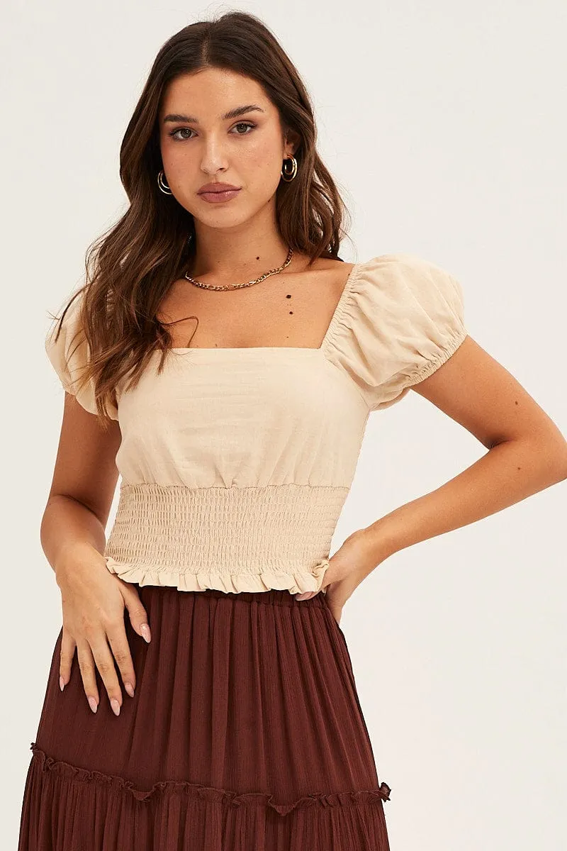 Beige Crop Top Puff Sleeve