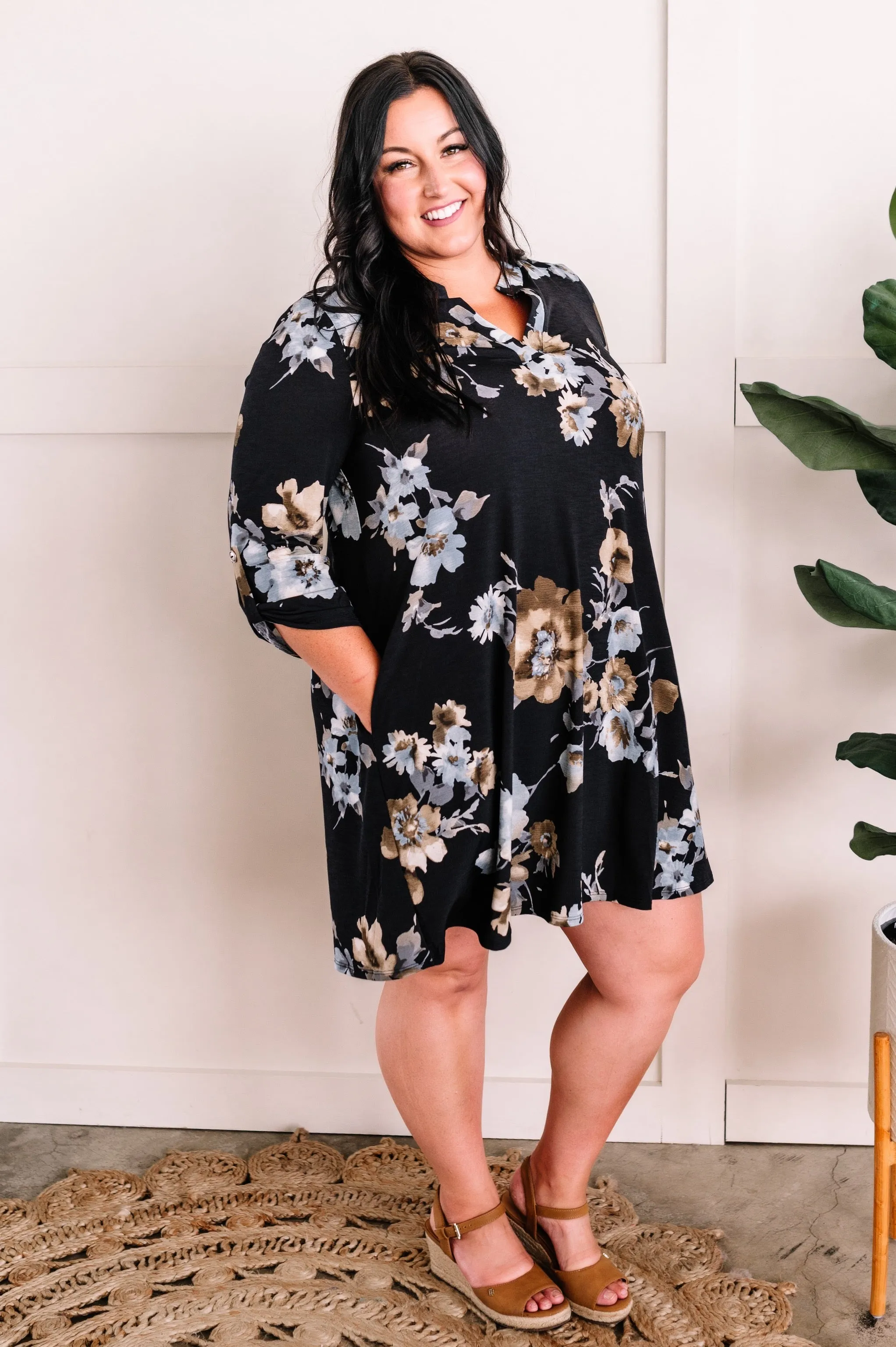 Black Button Sleeve Gabby Dress With Pockets In Deep Florals