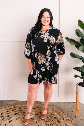 Black Button Sleeve Gabby Dress With Pockets In Deep Florals