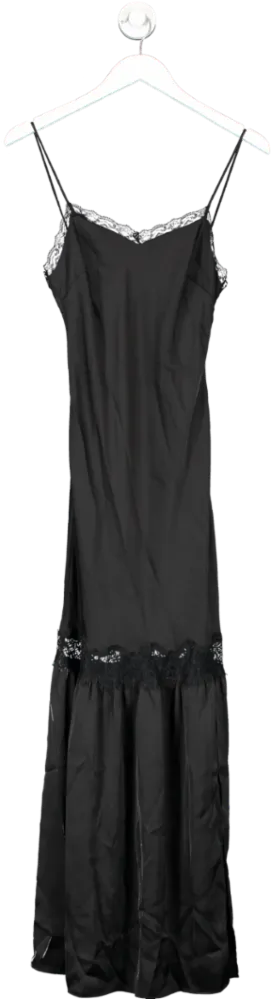 Black Lace Trimmed Satin Maxi Dress UK 6