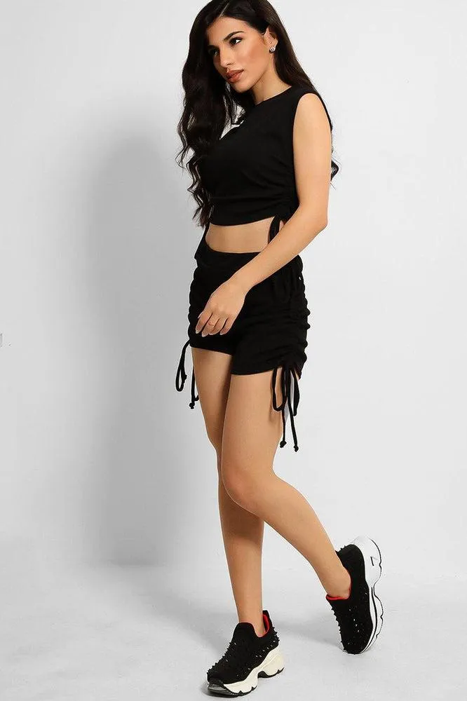 Black Ribbed Drawstring Ties Sleeveless Top And Shorts Set