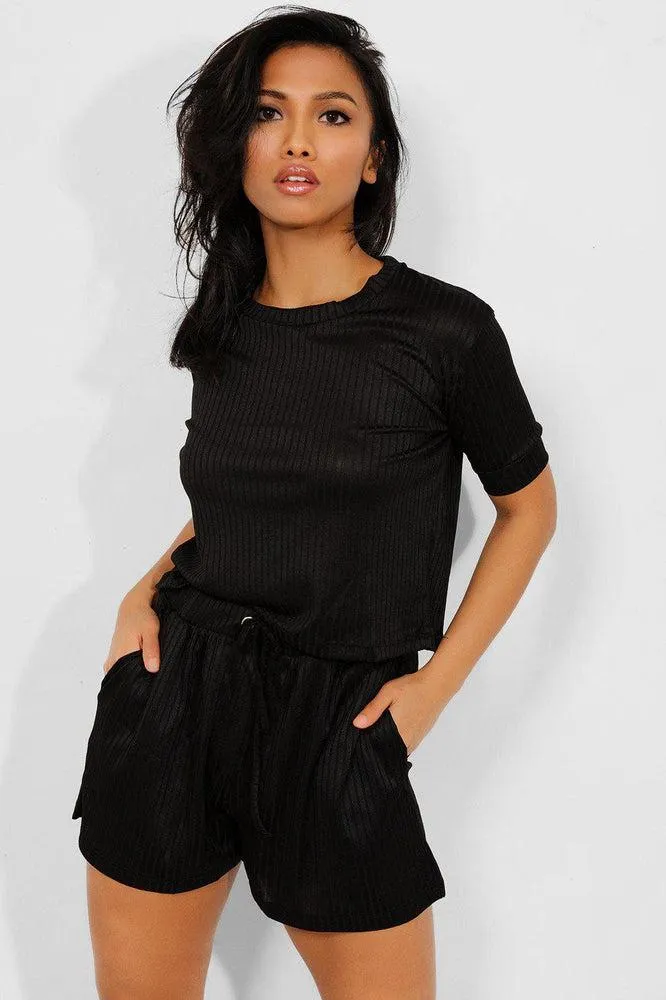 Black Ribbed Shorts And Tee Set