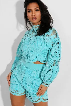 Blue Crochet Lace Overlay Balloon Sleeves Crop Top And Shorts Set