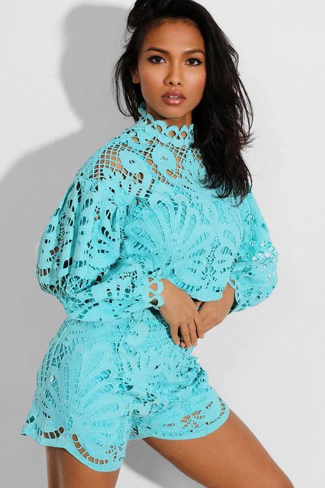 Blue Crochet Lace Overlay Balloon Sleeves Crop Top And Shorts Set