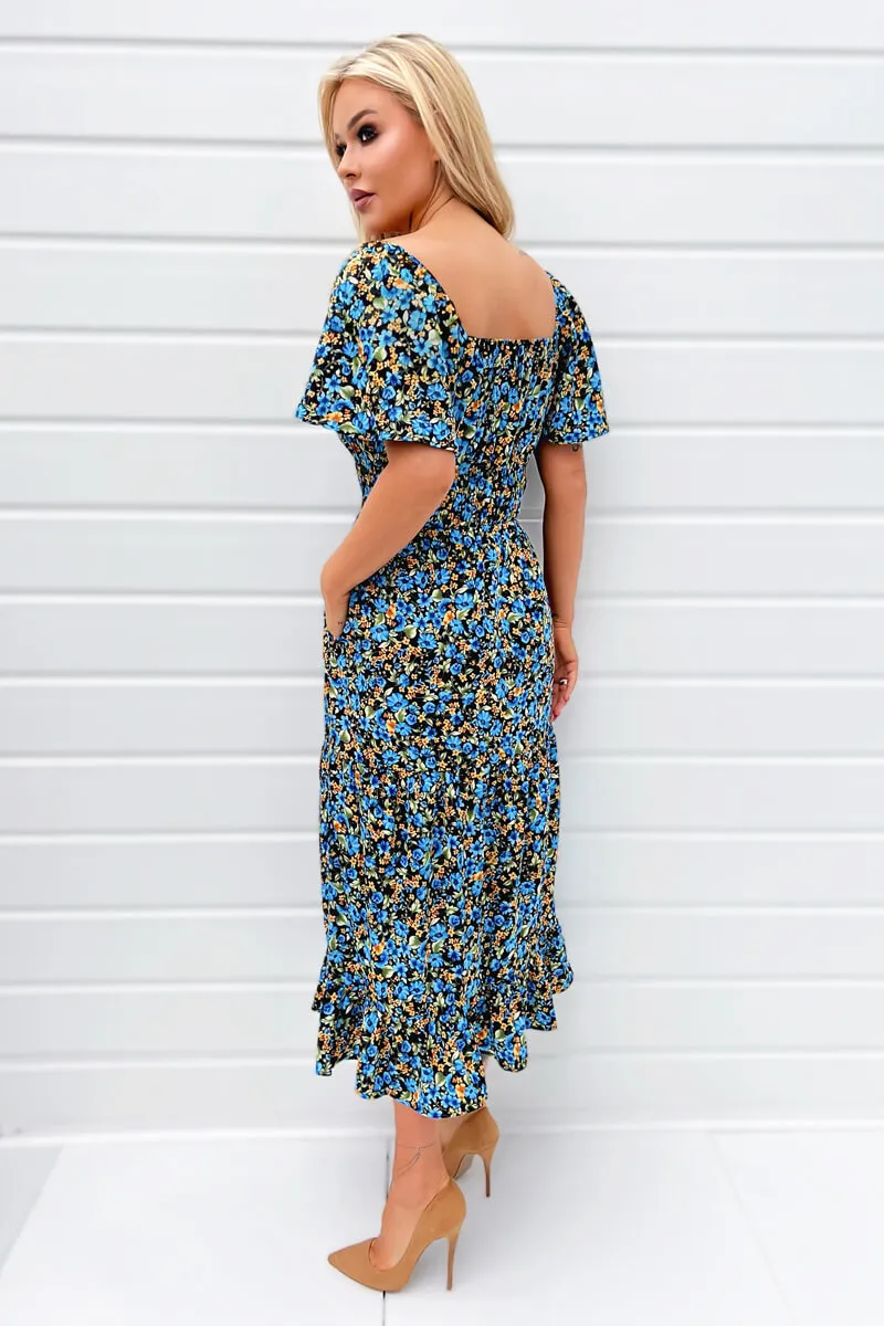 Blue Floral Printed Flutter Sleeve Midi Smock Dress