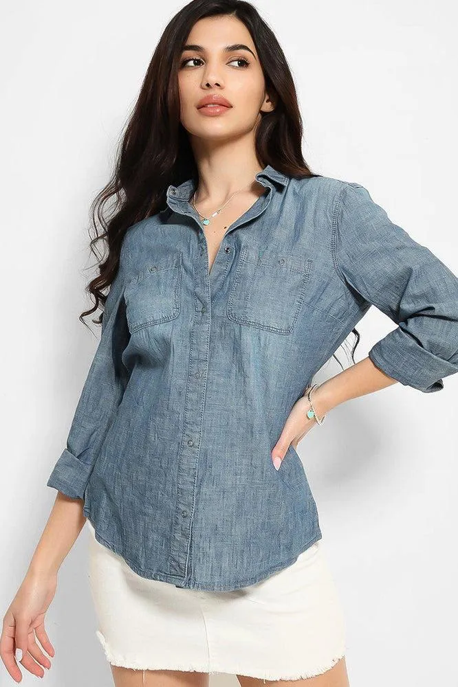 Blue Thin Denim Popper Button Shirt