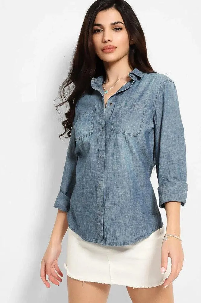 Blue Thin Denim Popper Button Shirt