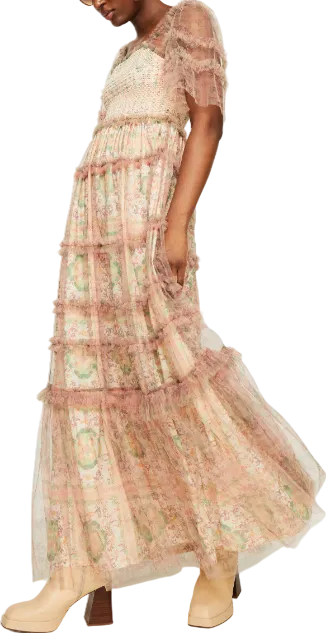 BY MALINA Pink Tulle Square Neck Shirred Bodice Maxi Dress UK S