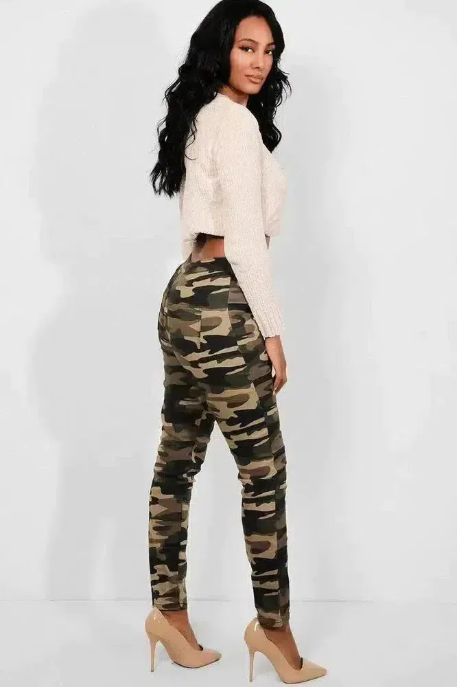 Camouflage Plain Front High Waist Jeans