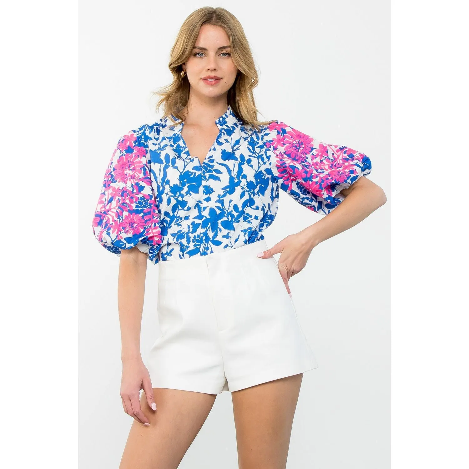 Cherie Embroidered Puff Sleeve Print THML Top