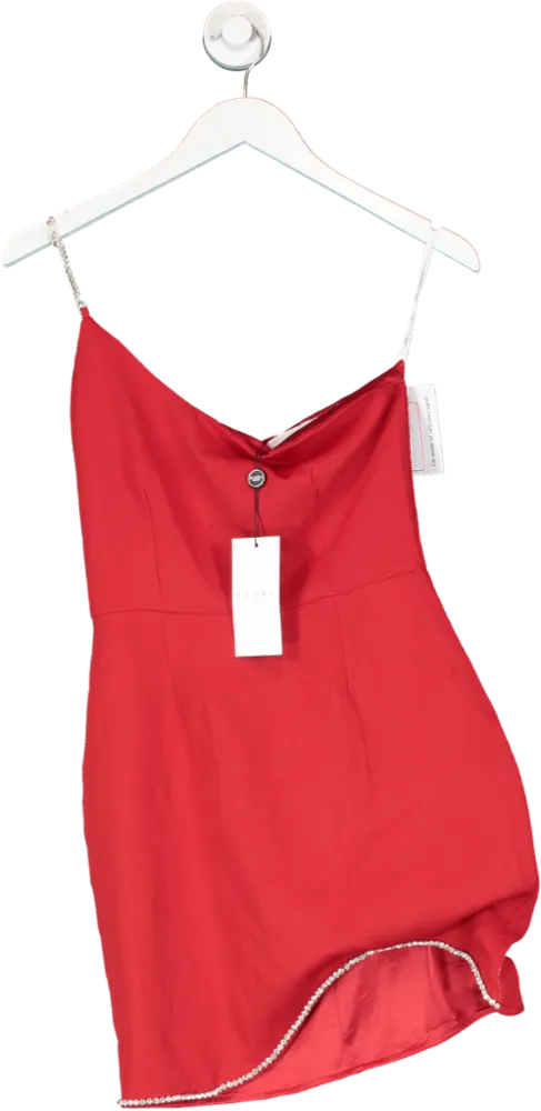 Club L Red Janet Asymmetric Mini Dress With Dimante Strap And Hem Trim UK 8