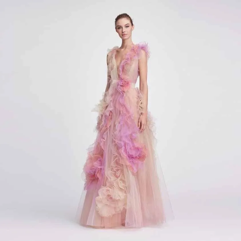 Colorful Tulle 3D Flower A-line Long Prom Gowns