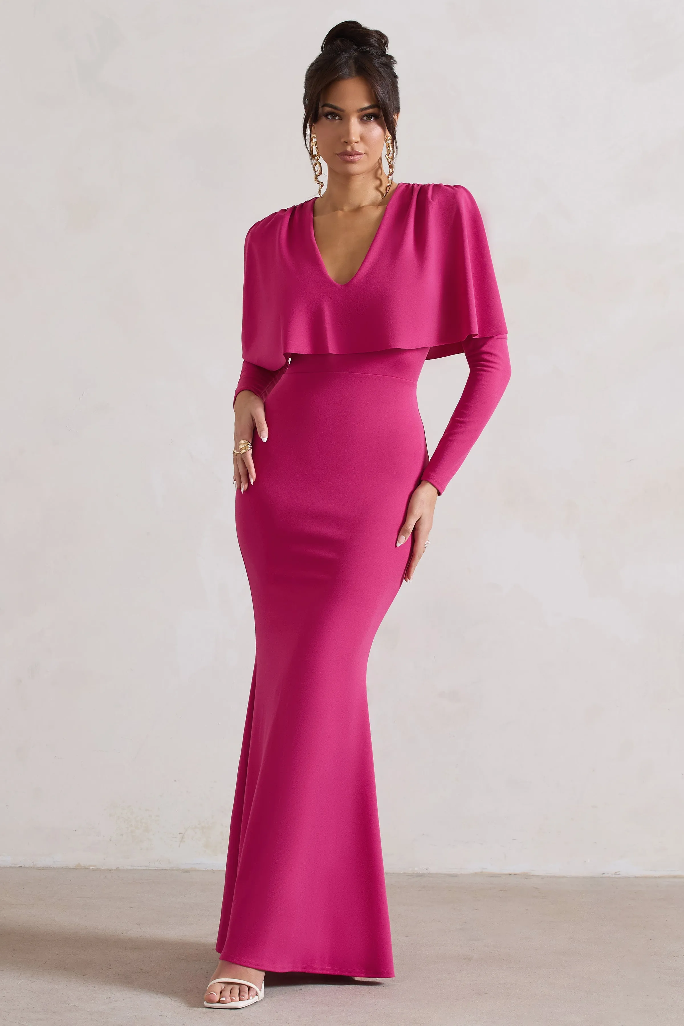 Dalia | Dark Pink V-Neck Draped Long Sleeve Maxi Dress