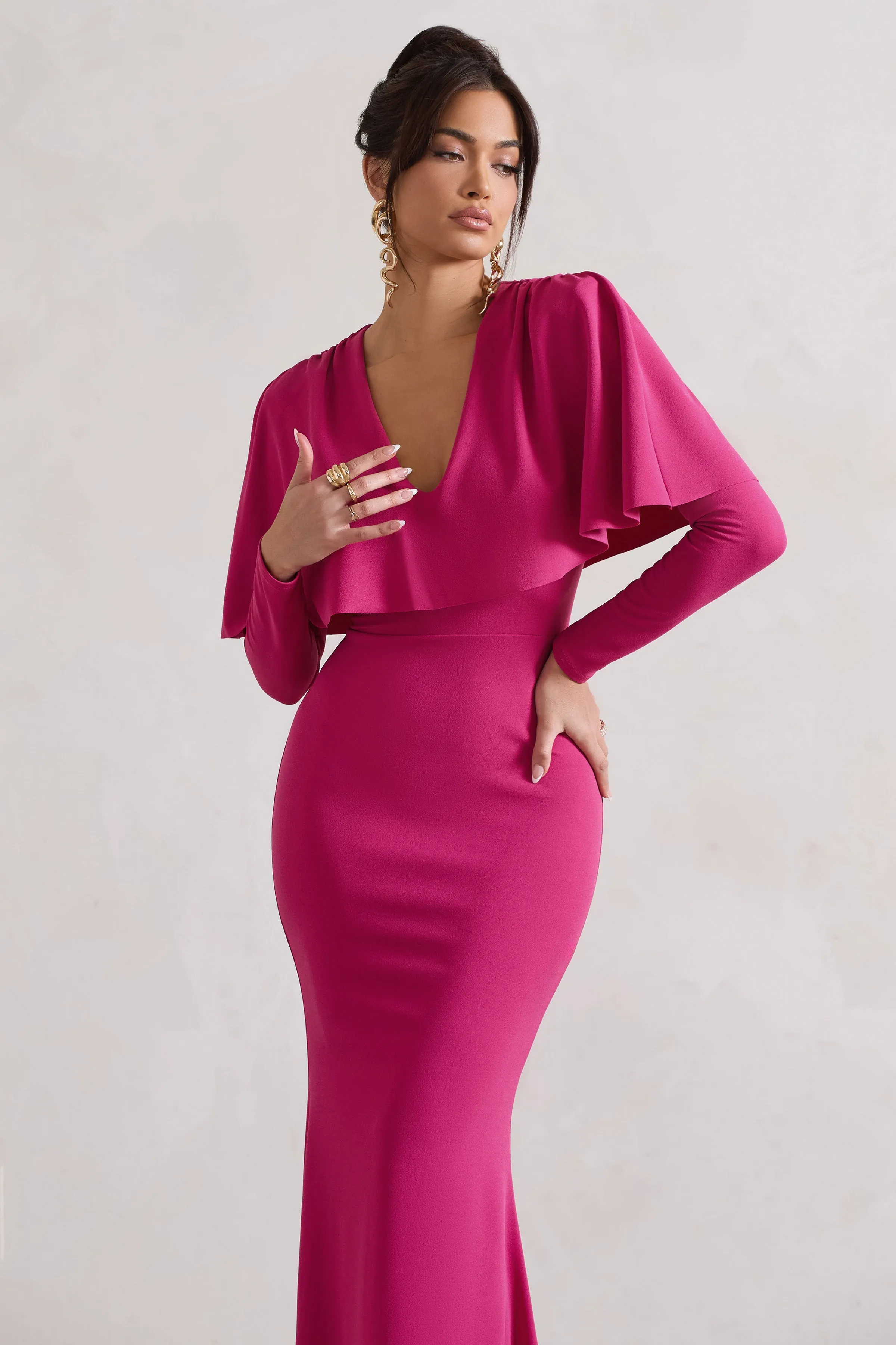 Dalia | Dark Pink V-Neck Draped Long Sleeve Maxi Dress