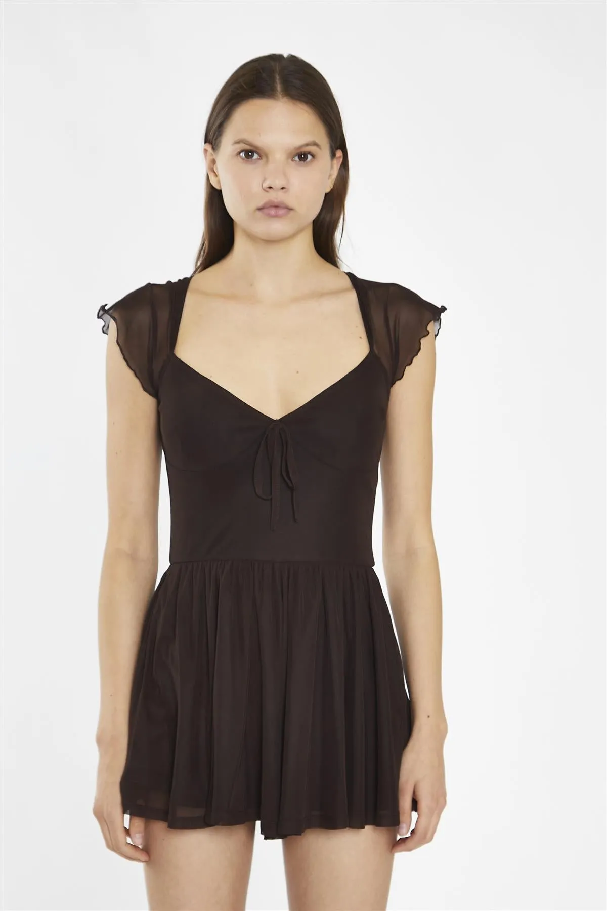 Dark-Brown Mesh Lettuce-Hem Playsuit