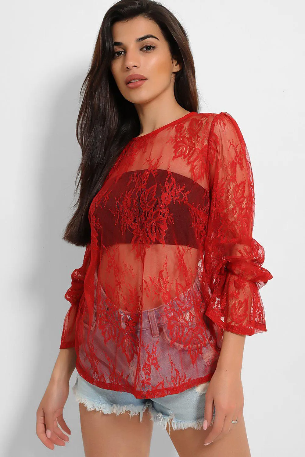 Dark Red Sheer Lace Blouse