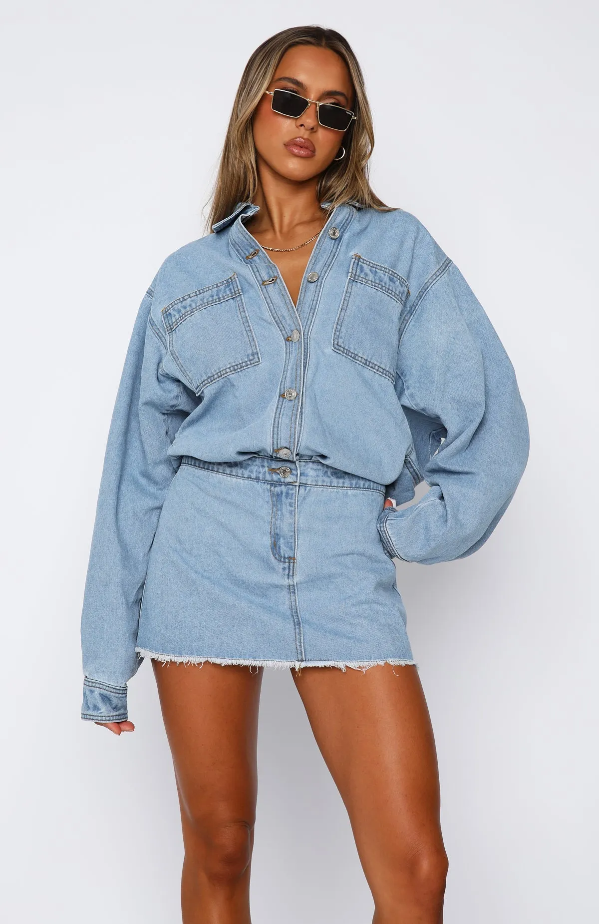 Don't You Remember Long Sleeve Denim Dress Blue Acid Wash