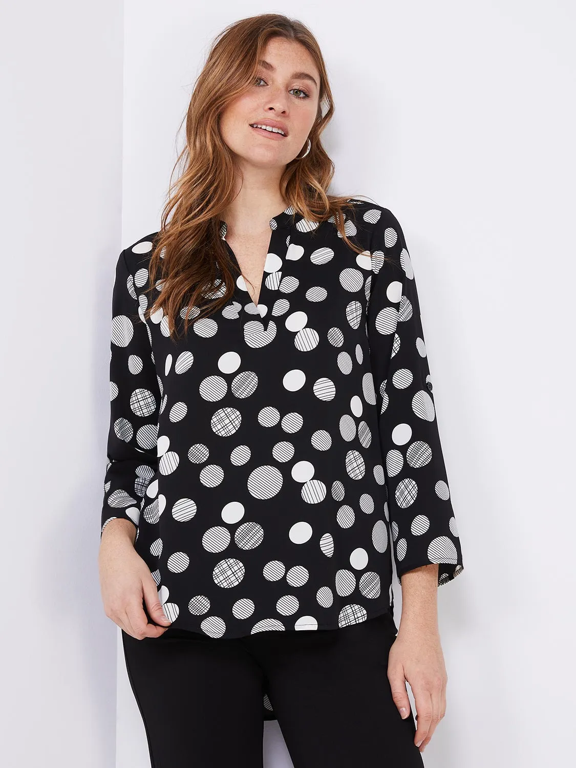 Dot Print Split Neck Blouse