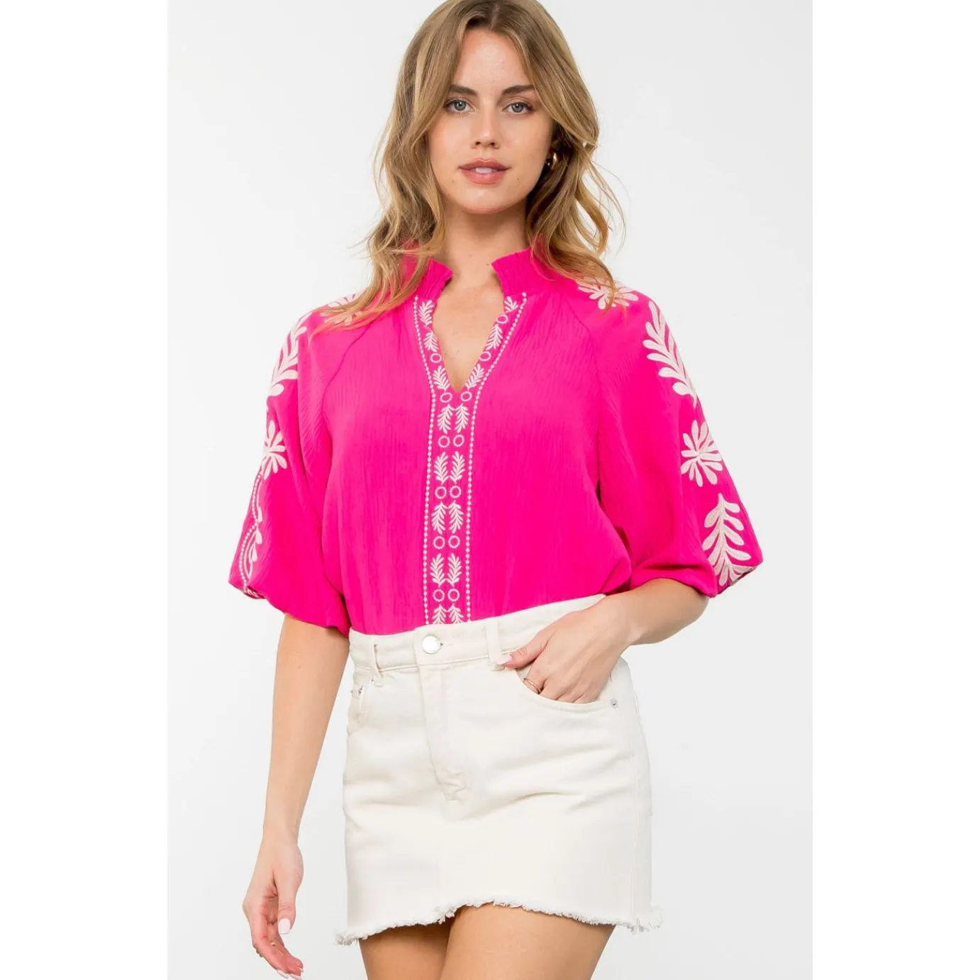 Ellie Pink Embroidered Puff Sleeve THML Top