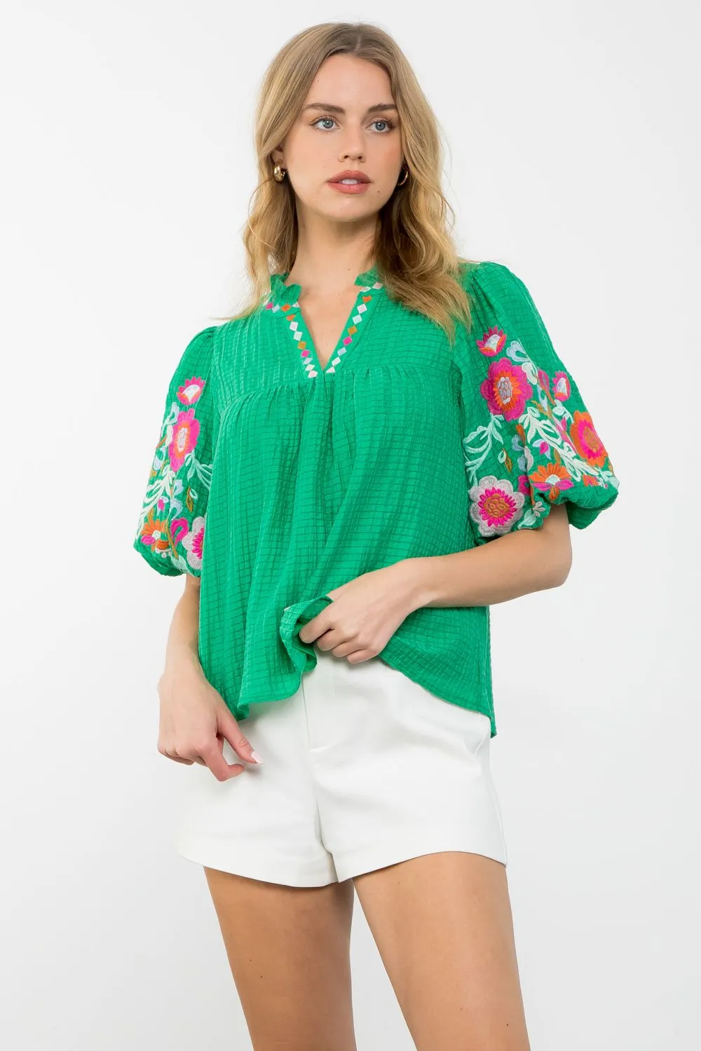 Emelia Green Puff Sleeve Sheer Embroidered THML Top