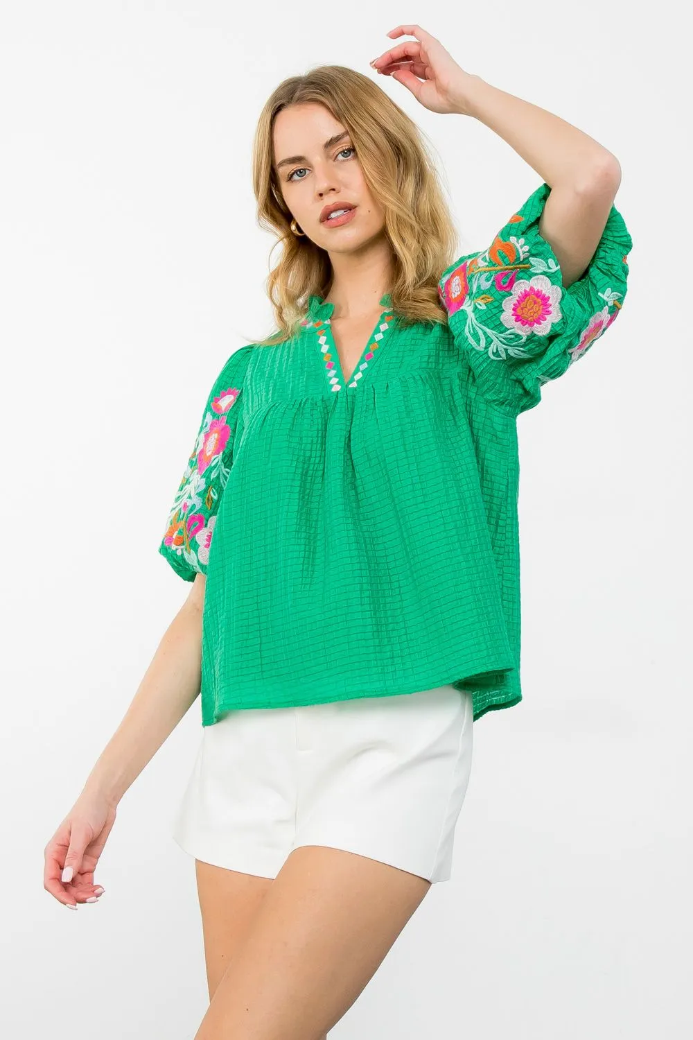 Emelia Green Puff Sleeve Sheer Embroidered THML Top