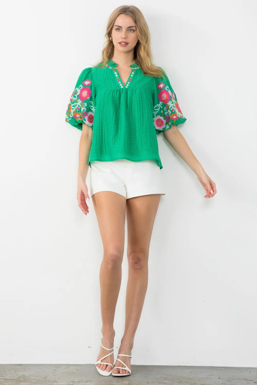 Emelia Green Puff Sleeve Sheer Embroidered THML Top