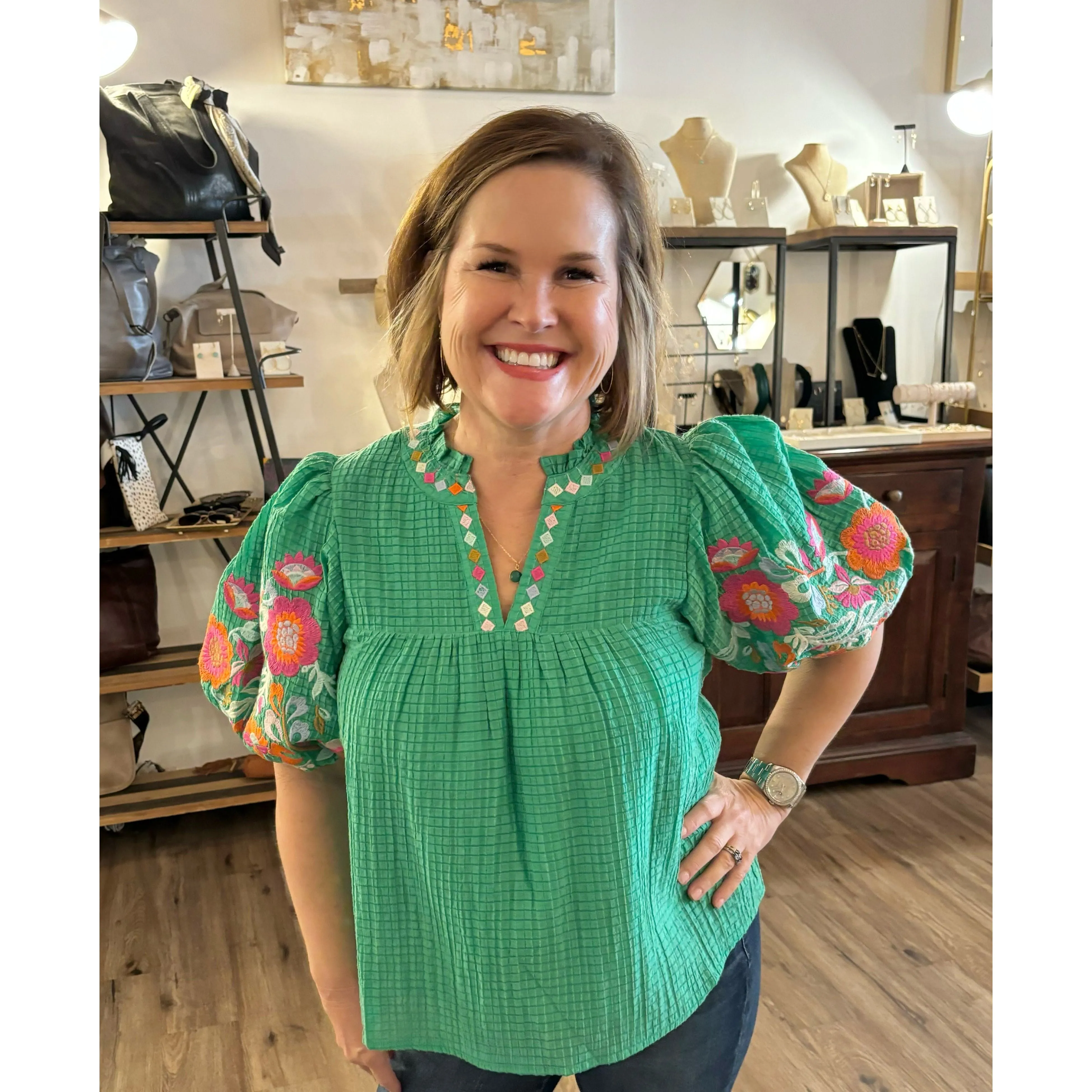 Emelia Green Puff Sleeve Sheer Embroidered THML Top