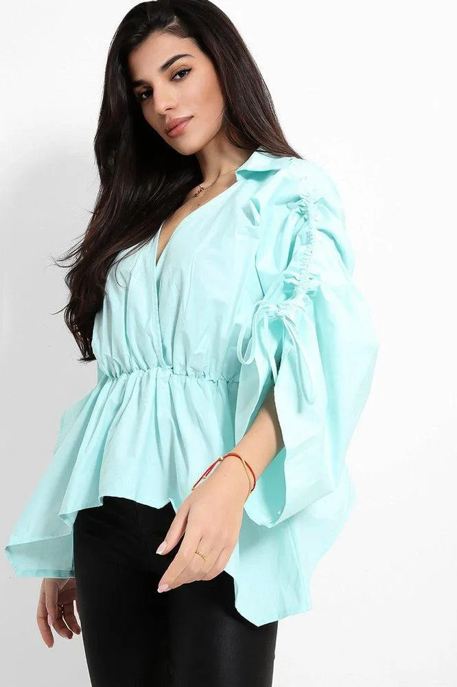 Exaggerated Drawstring Sleeves Peplum Blouse