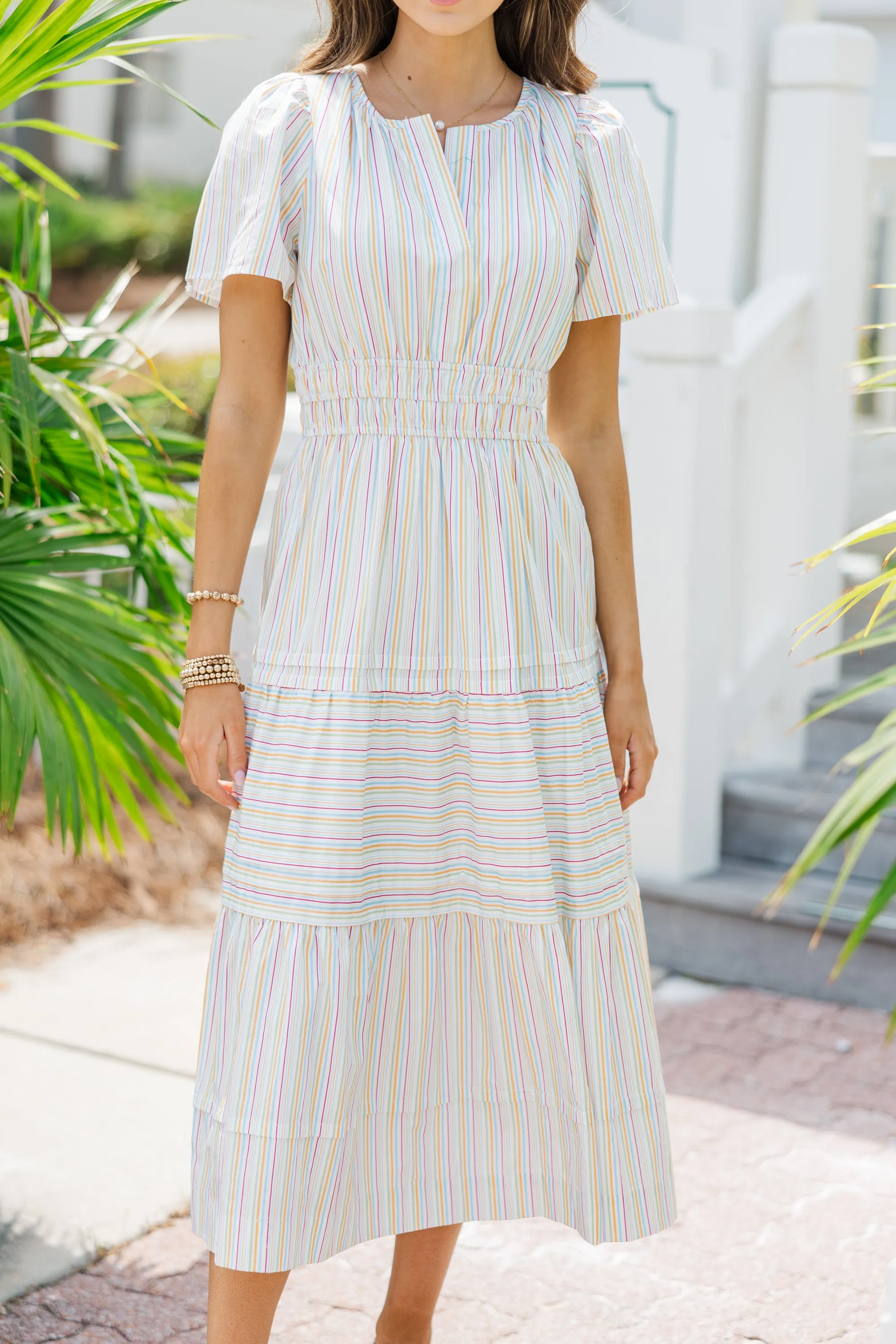 Fate: Stay Where You Are Cream White Striped Midi Dress