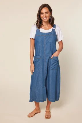 Mid Wash Chambray Francesca Pinafore Dress - Blue