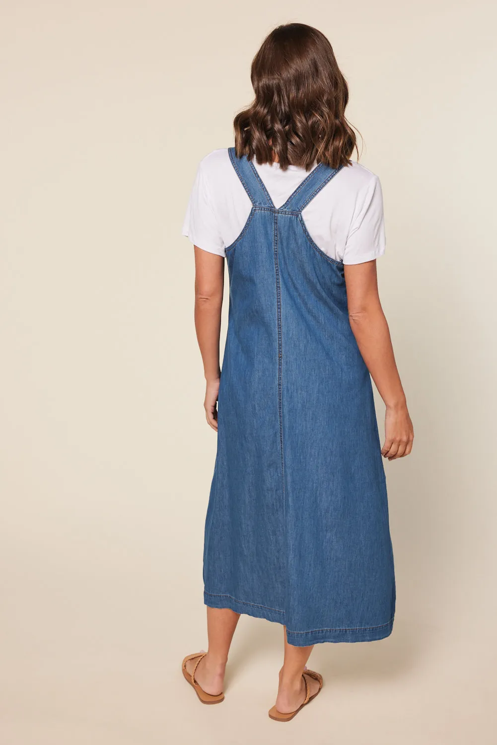 Mid Wash Chambray Francesca Pinafore Dress - Blue