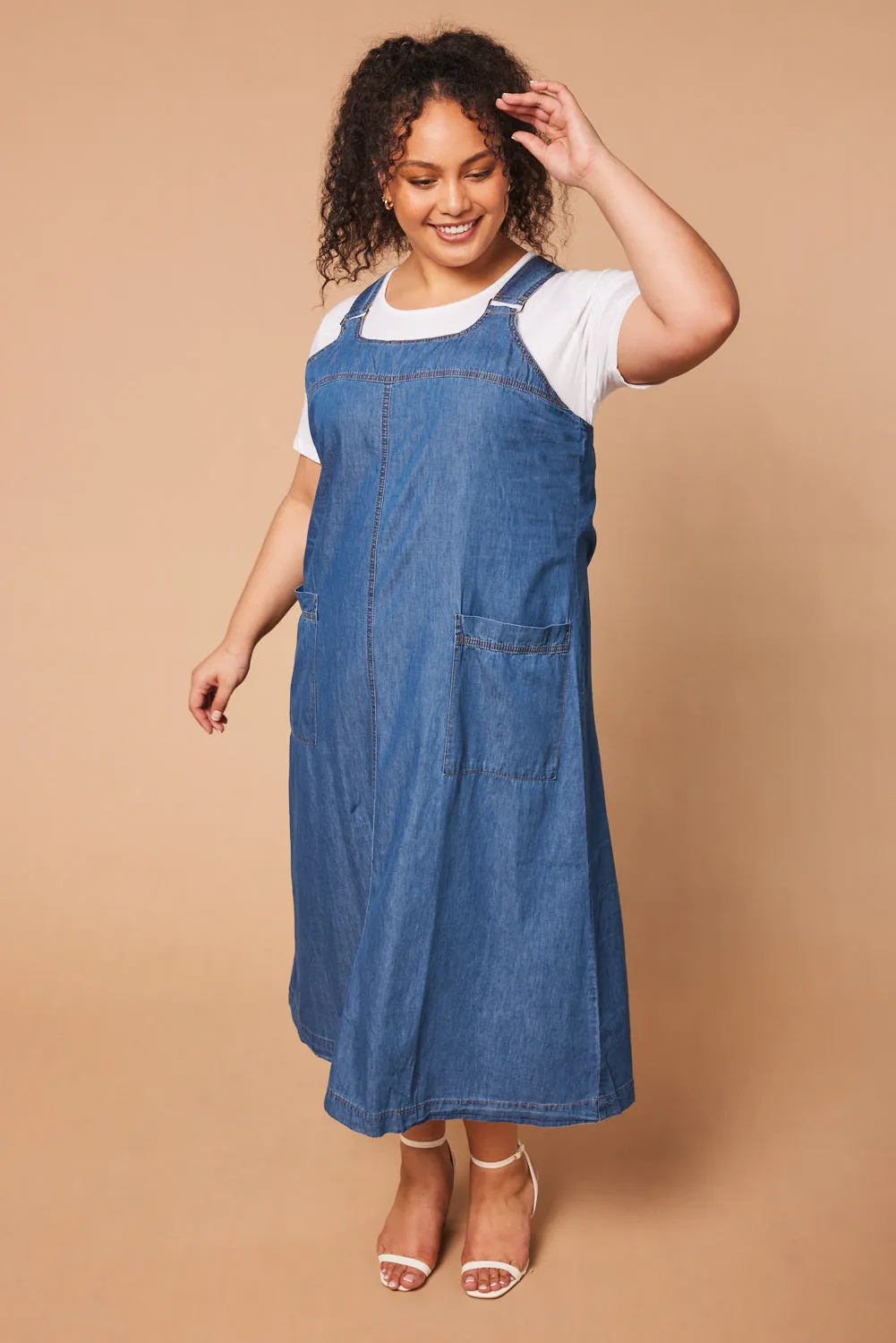 Mid Wash Chambray Francesca Pinafore Dress - Blue