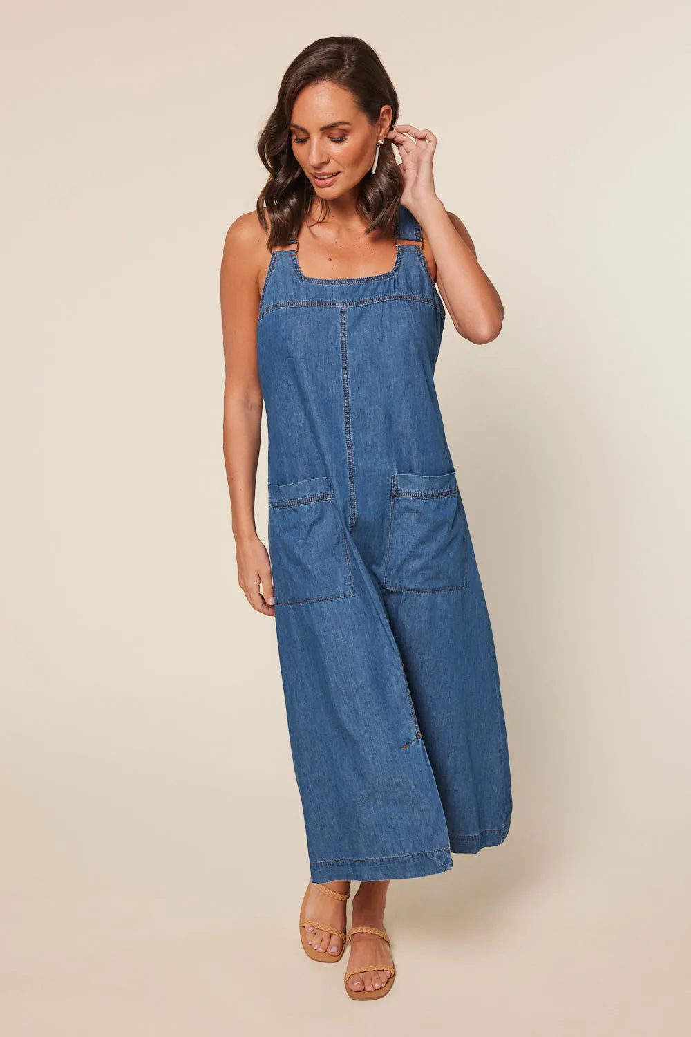 Mid Wash Chambray Francesca Pinafore Dress - Blue