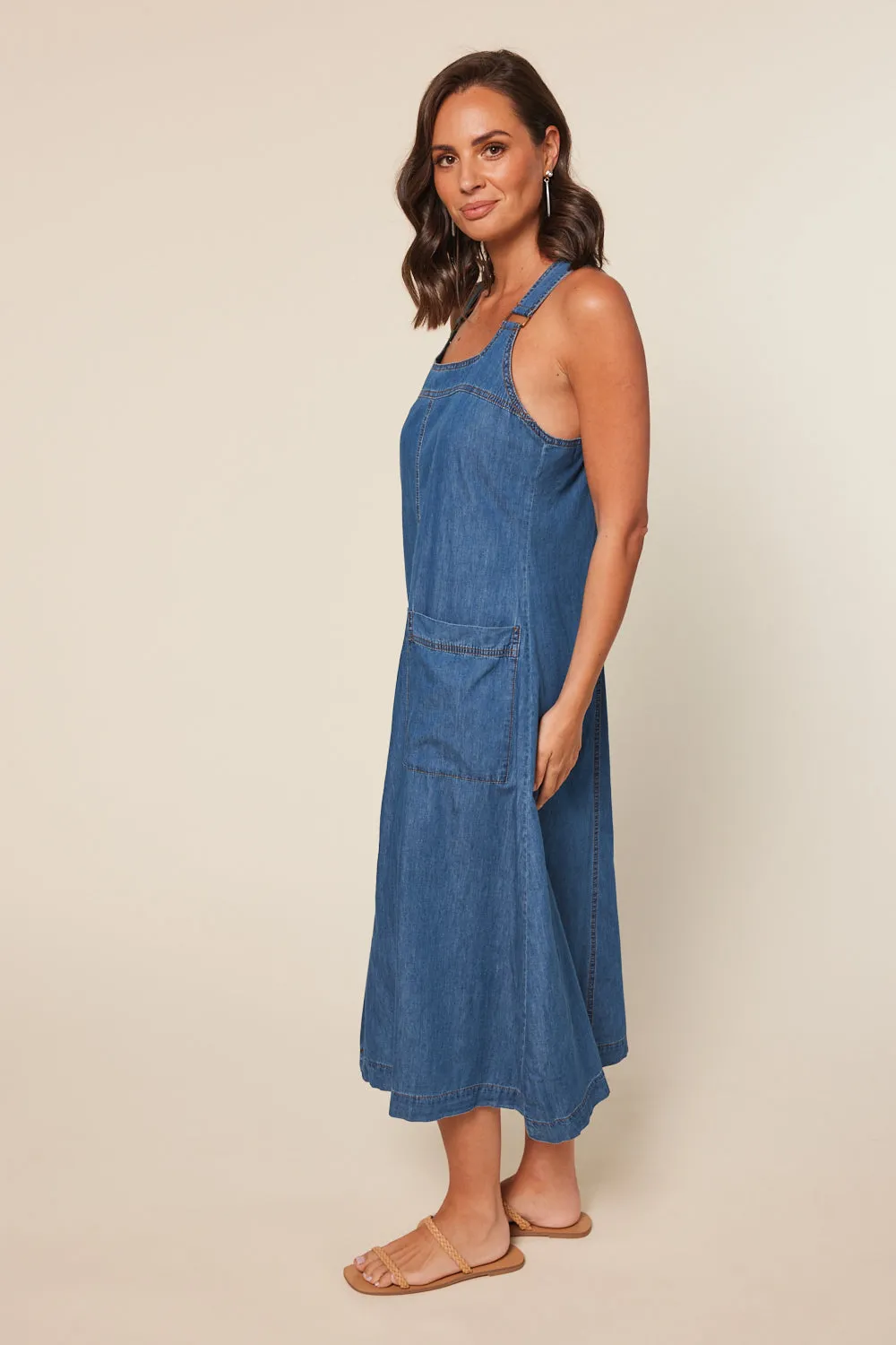 Mid Wash Chambray Francesca Pinafore Dress - Blue