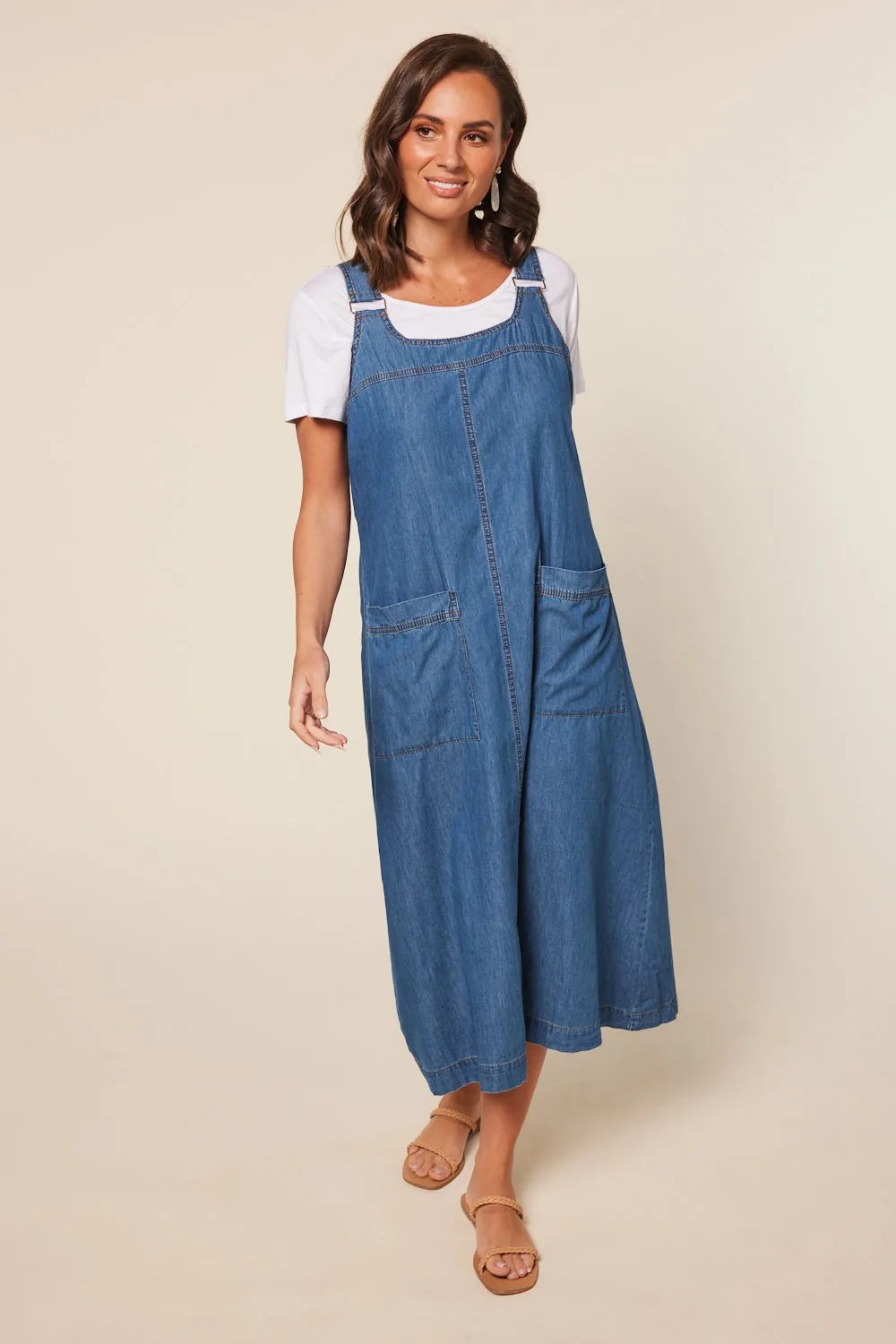 Mid Wash Chambray Francesca Pinafore Dress - Blue