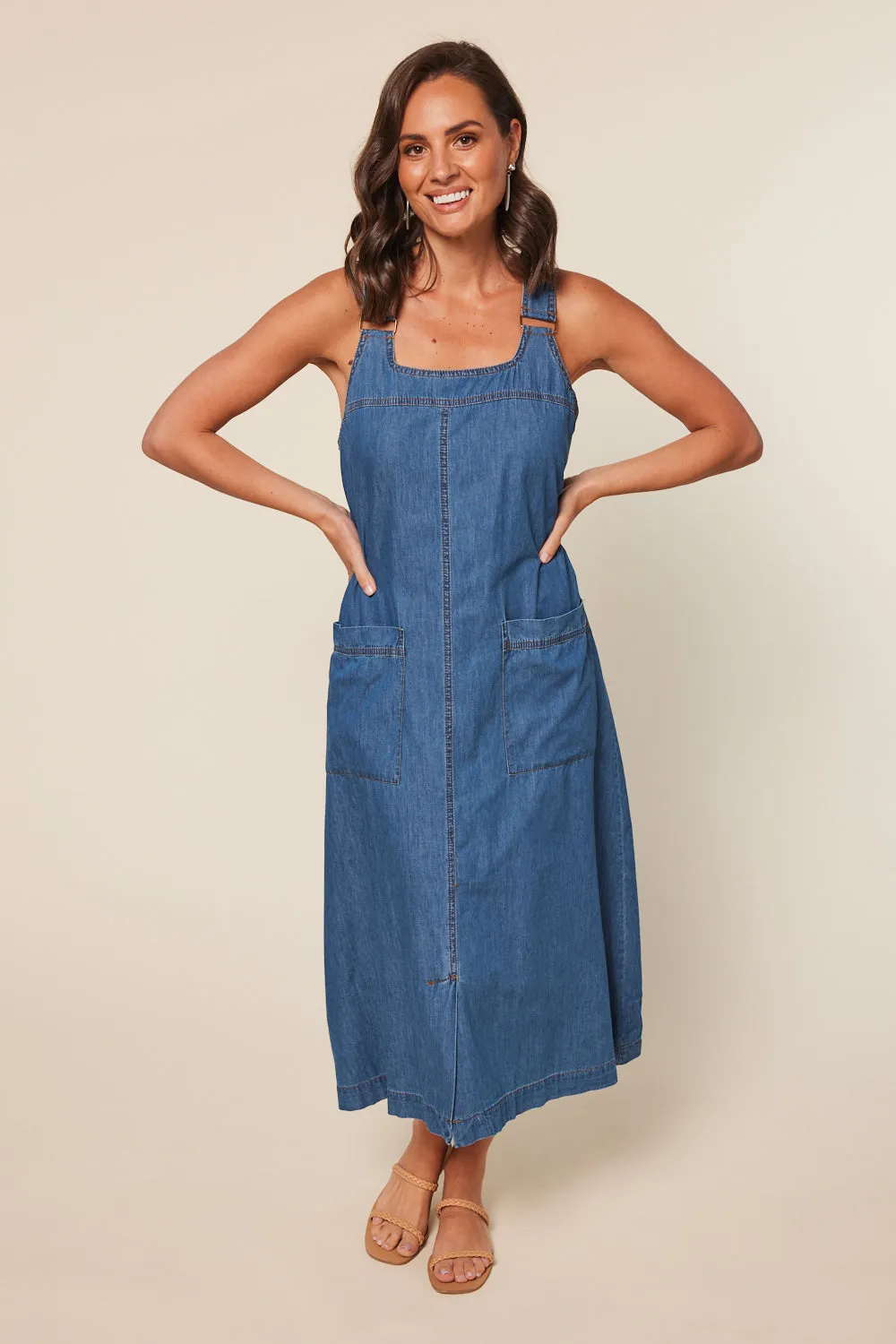 Mid Wash Chambray Francesca Pinafore Dress - Blue