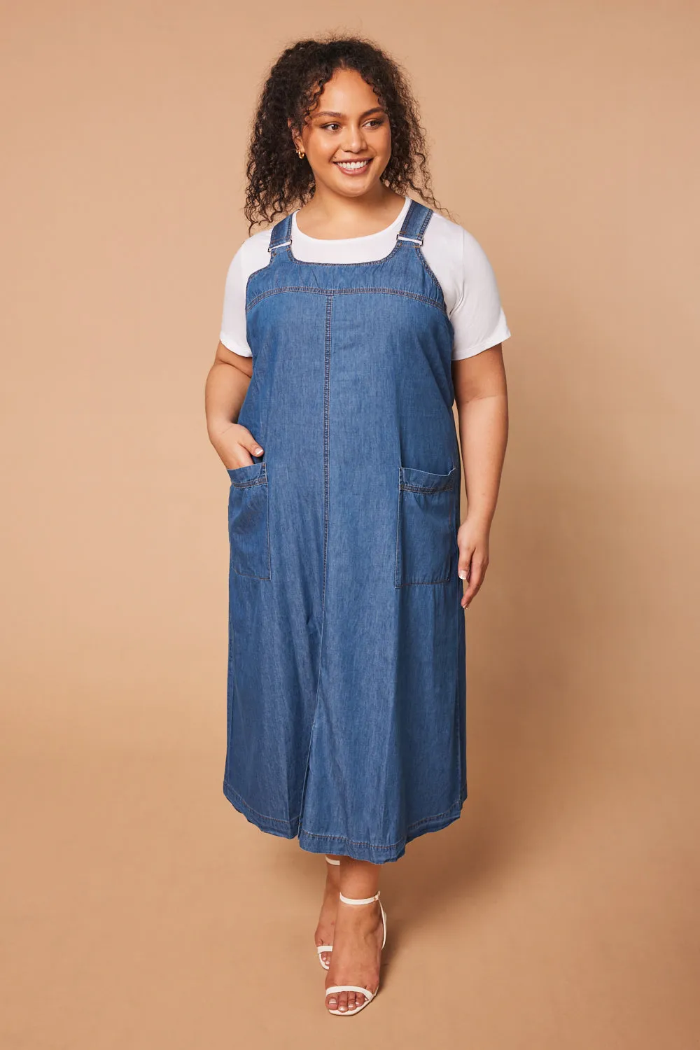 Mid Wash Chambray Francesca Pinafore Dress - Blue